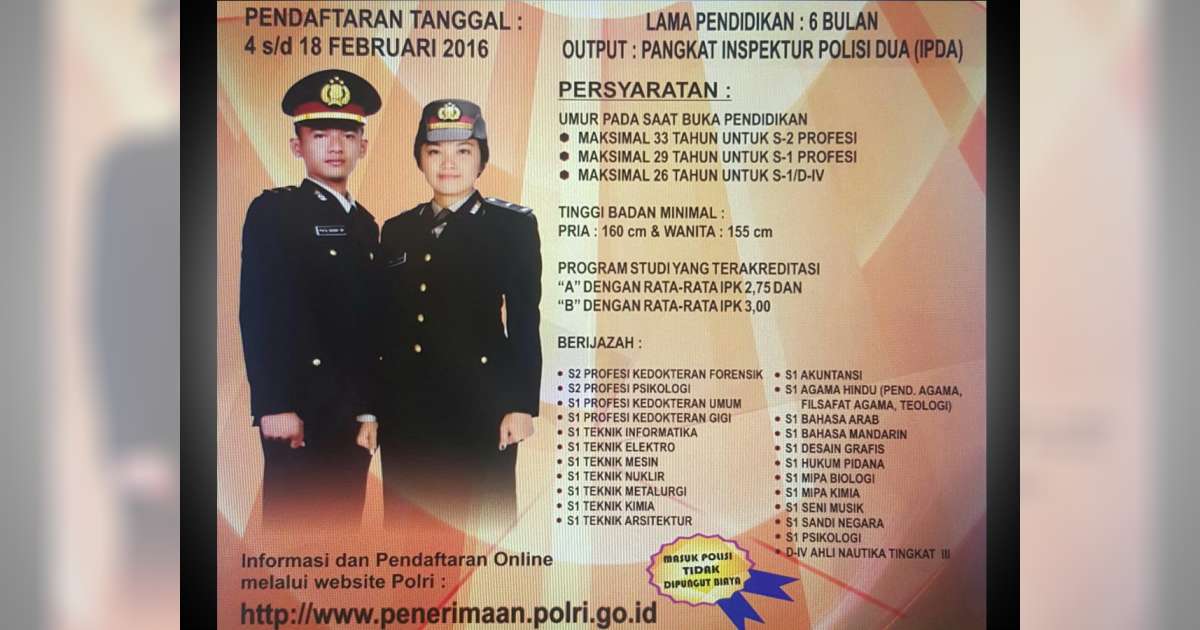 Dibuka Penerimaan Sekolah Inspektur Polisi Sumber Sarjana 