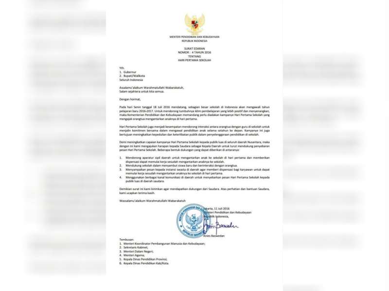 Mendikbud Imbau Orang Tua Antar Anak di Hari Pertama Sekolah