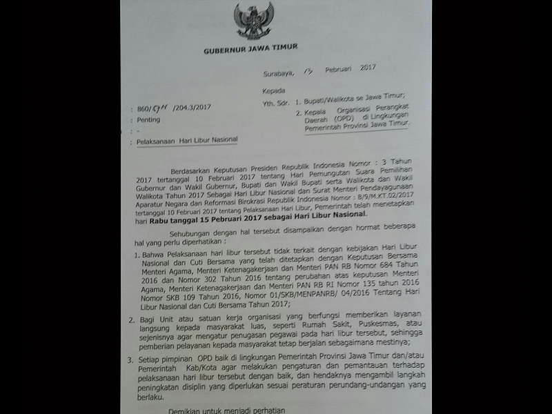 Rabu 15 Februari 2017 Ditetapkan Hari Libur Nasional