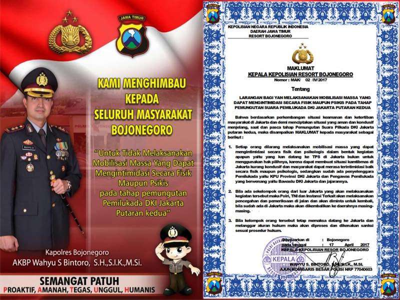 Kapolres Larang Warga Bojonegoro Ikut Tamasya Al-Maidah 51 ke Jakarta