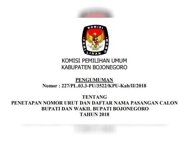 Penetapan Nomor Urut dan Daftar Nama Paslon Bupati dan Wakil Bupati Bojonegoro Tahun 2018