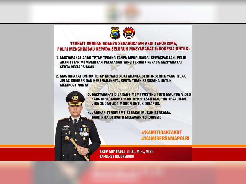 Kapolres Bojonegoro Kembali Imbau Masyarakat Untuk Waspadai Aksi Terorisme