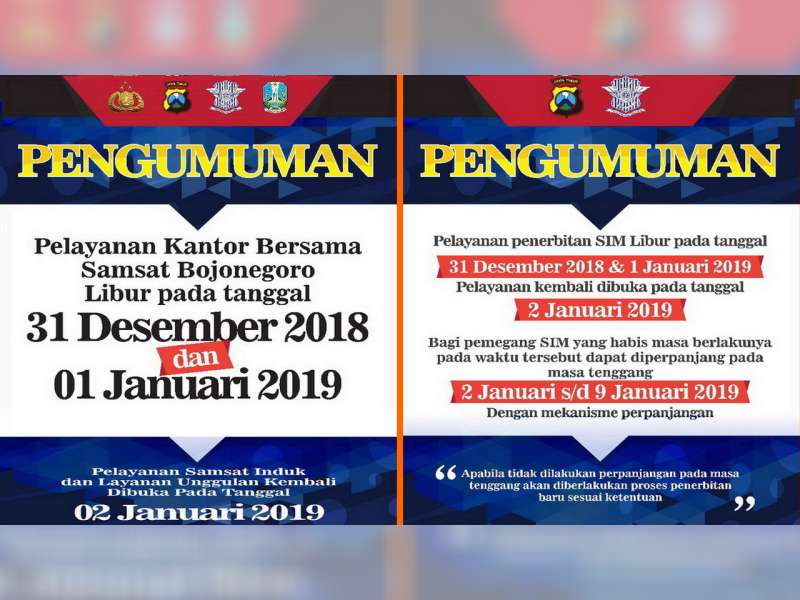 Layanan Samsat dan SIM Polres Bojonegoro Tutup pada 31 Desember 2018