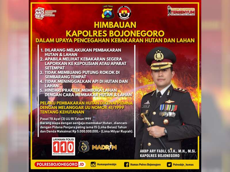 Kapolres Bojonegoro: Pelaku Karhutla Diancam Dengan Pidana Penjara Paling Lama 15 Tahun