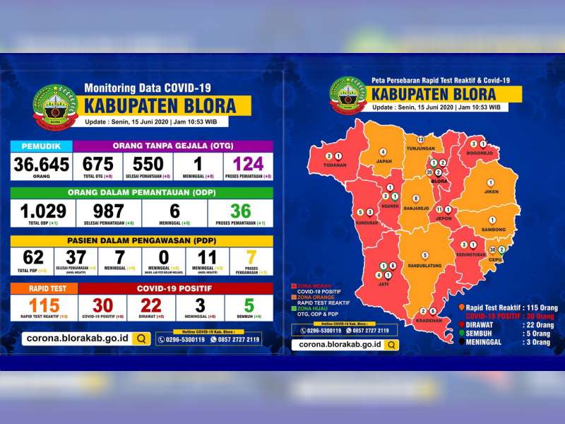 Update Corona Blora 15 Juni: OTG 124, ODP 36, PDP 7 Meninggal 18, Positif 30 Meninggal 3 Sembuh 5