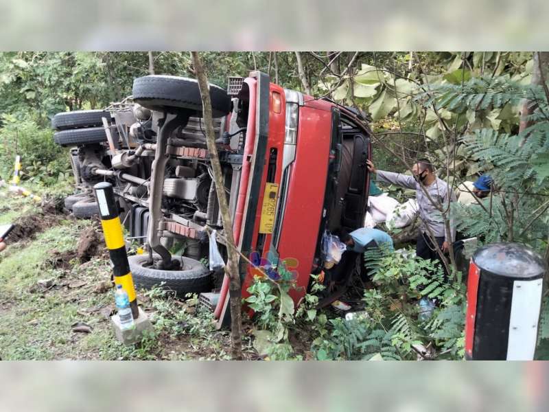 Truk Bermuatan Pupuk di Temayang, Bojonegoro, Terperosok dan Terguling di Tebing Jalan