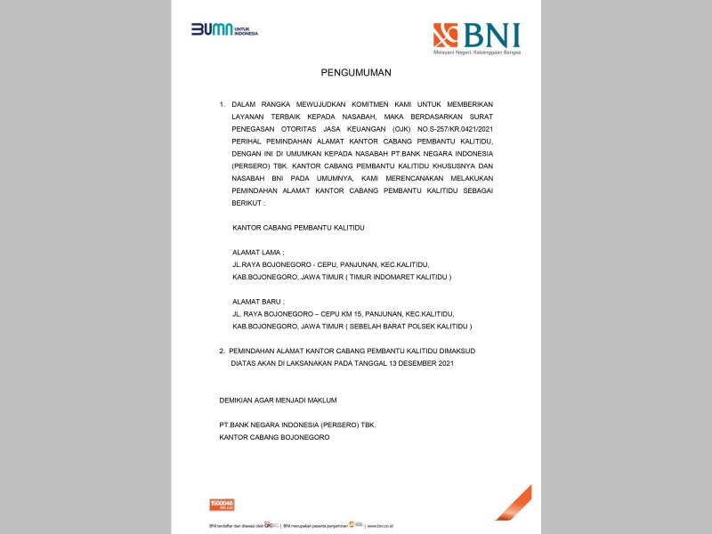 BNI Kantor Cabang Pembantu Kalitidu, Bojonegoro, Pindah Alamat