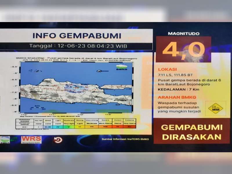 Gempa Bumi Berkekuatan 4.0 Magnitudo Terjadi di Barat Laut Bojonegoro