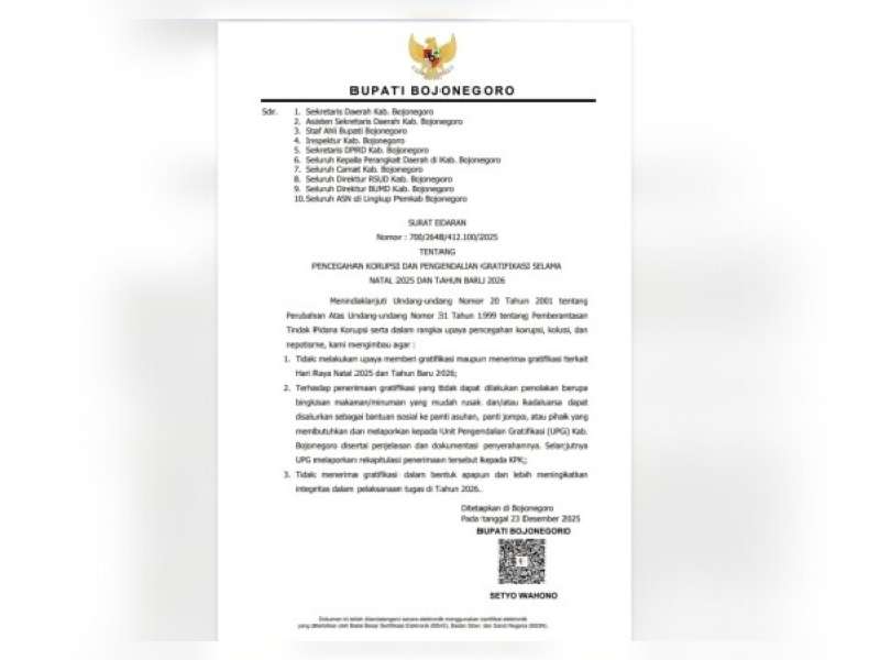 Cegah Korupsi Selama Nataru, Bupati Bojonegoro Terbitkan Surat Edaran