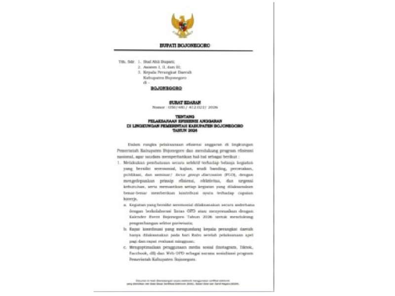 Bupati Bojonegoro Terbitkan SE Efisiensi Anggaran, Ini Isinya