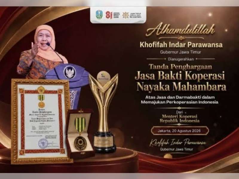 Gubernur Khofifah Terima Penghargaan Nayaka Mahambara, Jatim Pelopor Koperasi Sehat