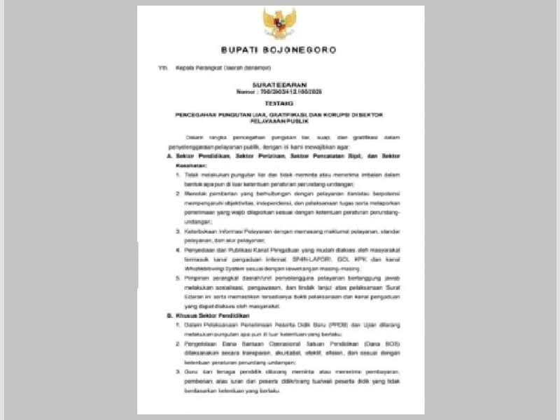 Tegaskan Tata Kelola Bersih, Bupati Bojonegoro Terbitkan SE Pencegahan Pungli dan Korupsi Pelayanan Publik